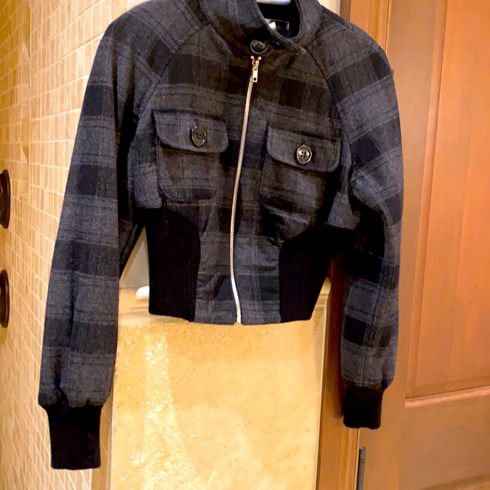 Small bomber style grey plaid jacket